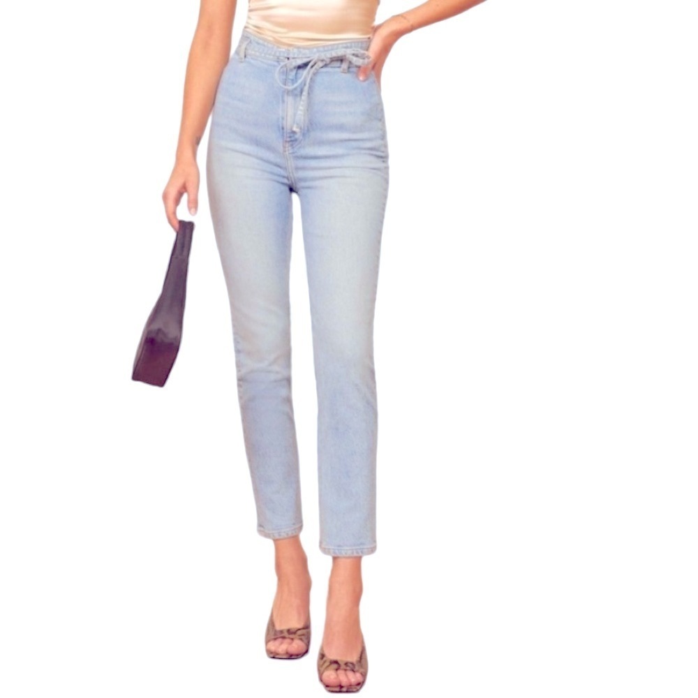 Reformation Vicki High Rise Straight Leg Shoestring Belt Montego Blue Wash Sz 29